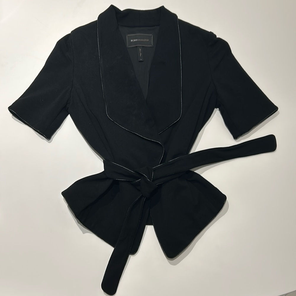 BCBG MAXAZRIA Belted peplum blazer with pockets black XS